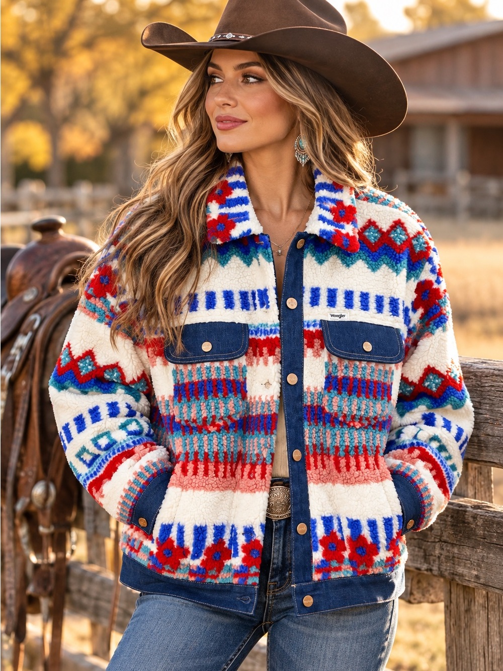 Wrangler L Sherpa Fleece Jacket Southwestern Aztec Western Denim Trim NWT